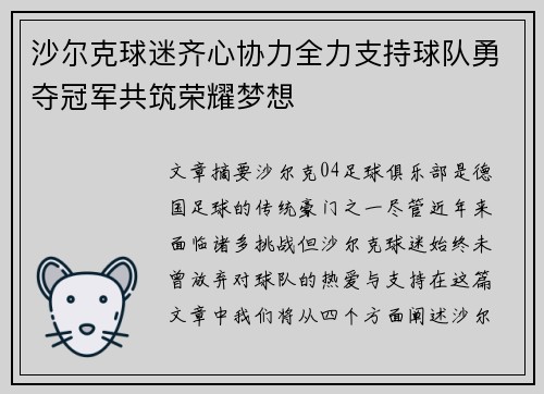 沙尔克球迷齐心协力全力支持球队勇夺冠军共筑荣耀梦想