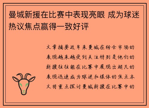 曼城新援在比赛中表现亮眼 成为球迷热议焦点赢得一致好评