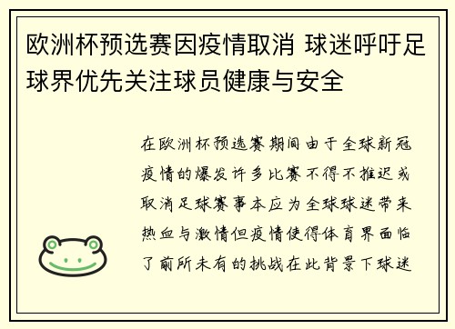 欧洲杯预选赛因疫情取消 球迷呼吁足球界优先关注球员健康与安全