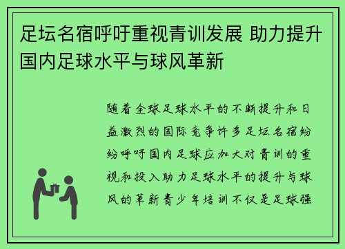 足坛名宿呼吁重视青训发展 助力提升国内足球水平与球风革新