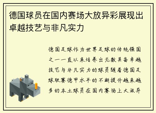 德国球员在国内赛场大放异彩展现出卓越技艺与非凡实力