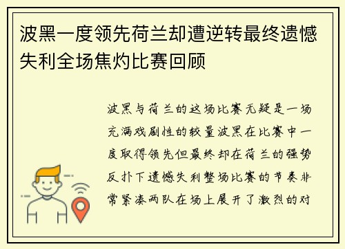 波黑一度领先荷兰却遭逆转最终遗憾失利全场焦灼比赛回顾